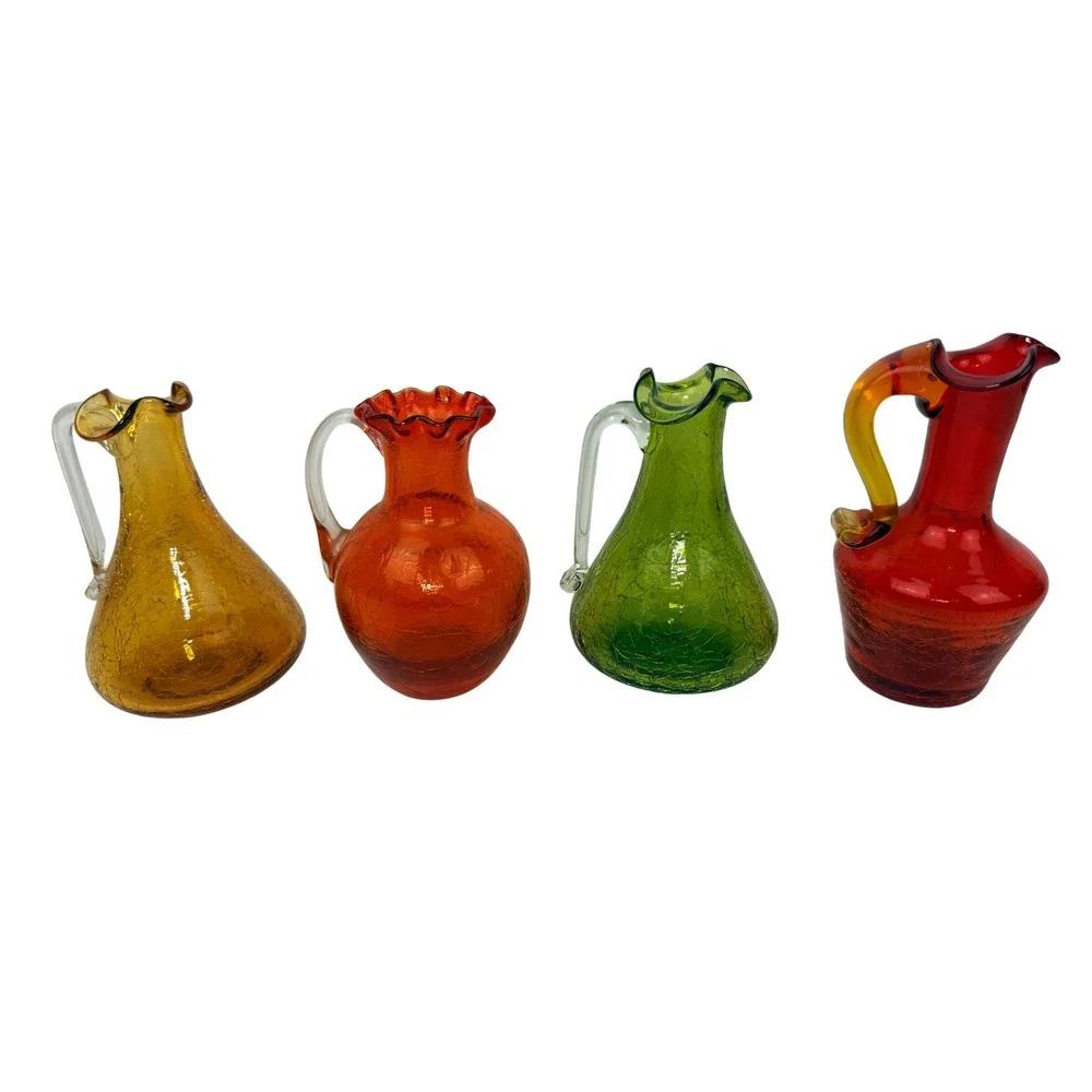 Vintage Crackle Glass Miniature Pitcher Set 4 Rainbow Mid Century Art Glass Vase